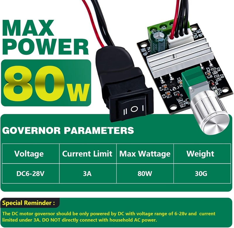 ALEDECO PWM Motor Speed Controller, Forward Reverse, 1203BB DC 28V 24V 12V 6V 3A 80W with Adjustable Reversible Knob Switch DC Motor Driver - Image 4